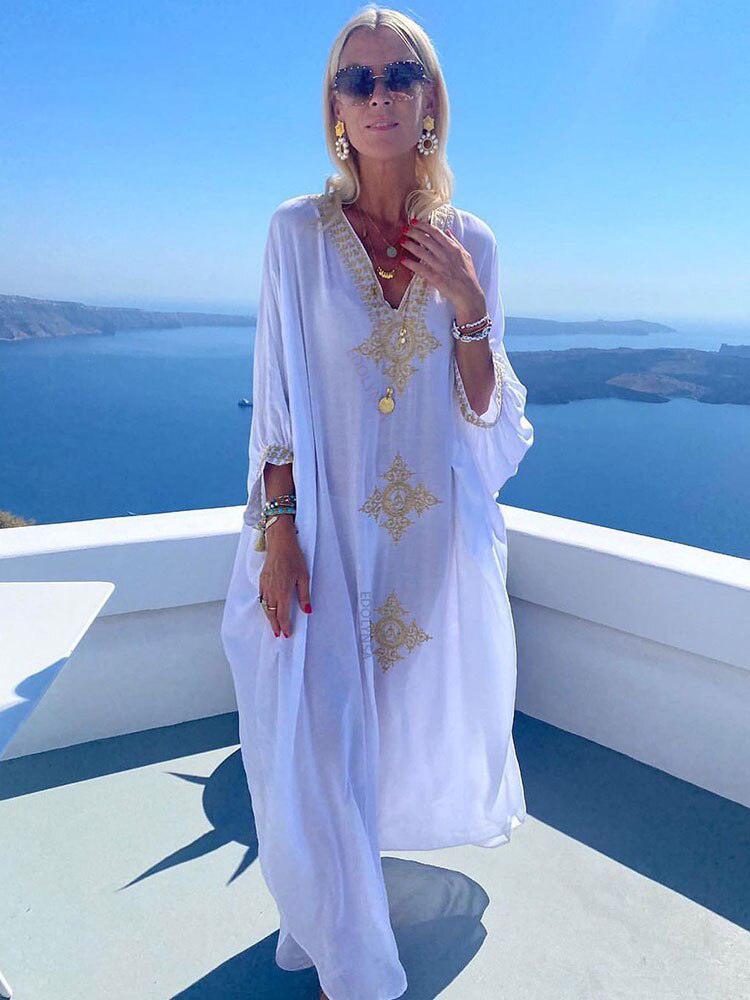 Boho strandjurk met borduursel – luchtige kaftanjurk dames