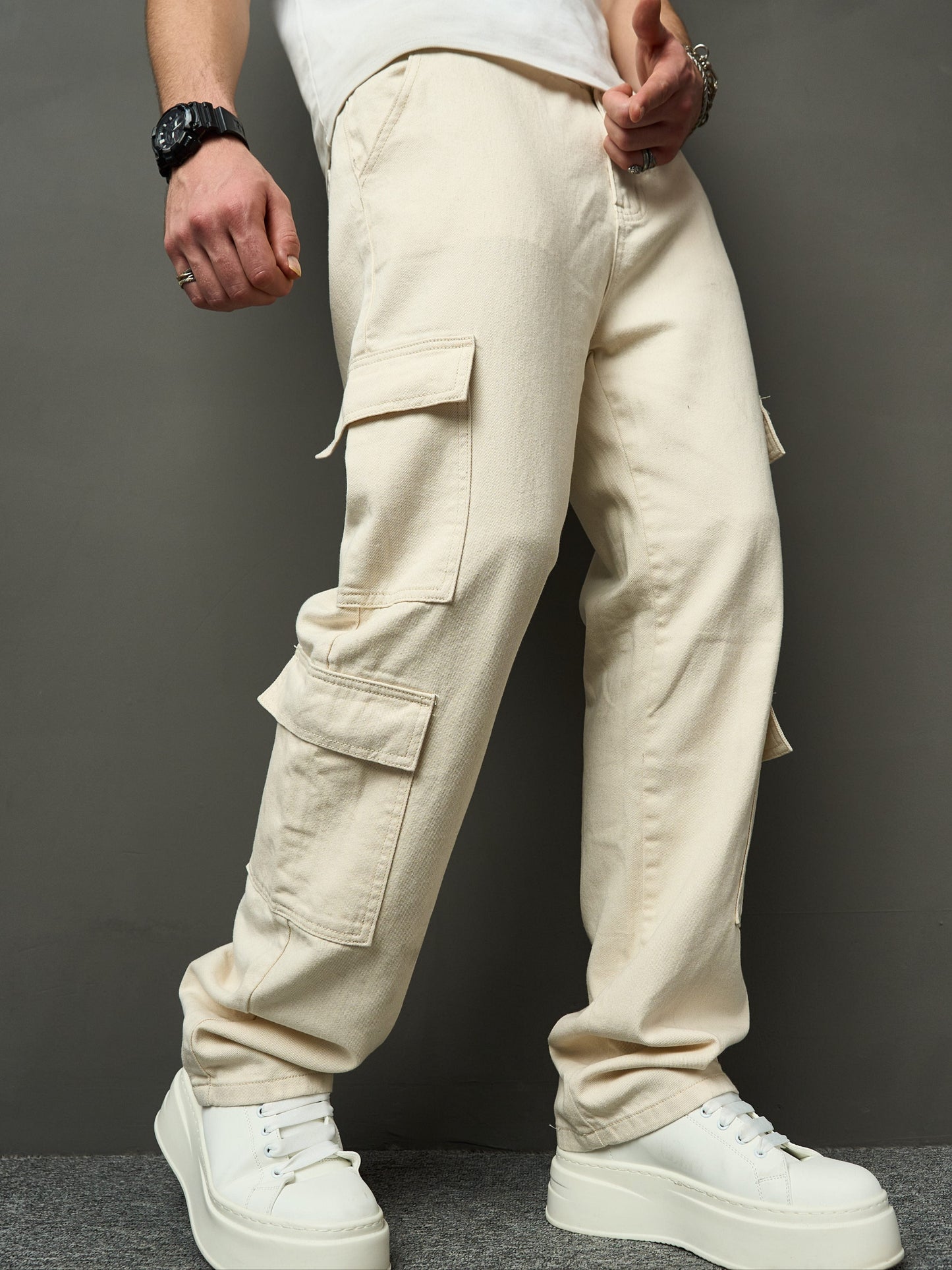 Heren Denim jeans met losse pasvorm en cargozakken