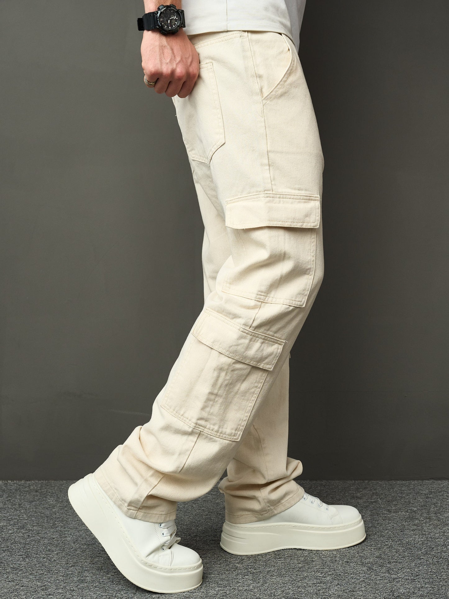 Heren Denim jeans met losse pasvorm en cargozakken