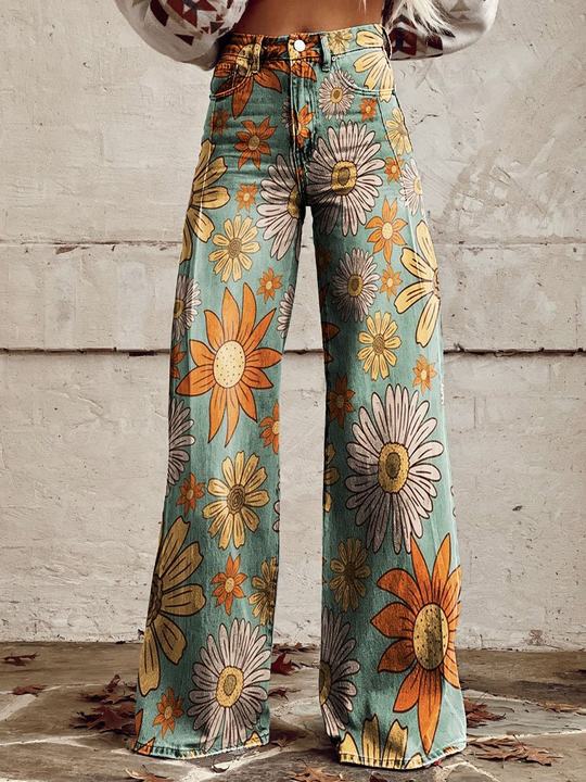 Zomerse Boho Damesbroek met Wijde Pijpen en Hoge Taille