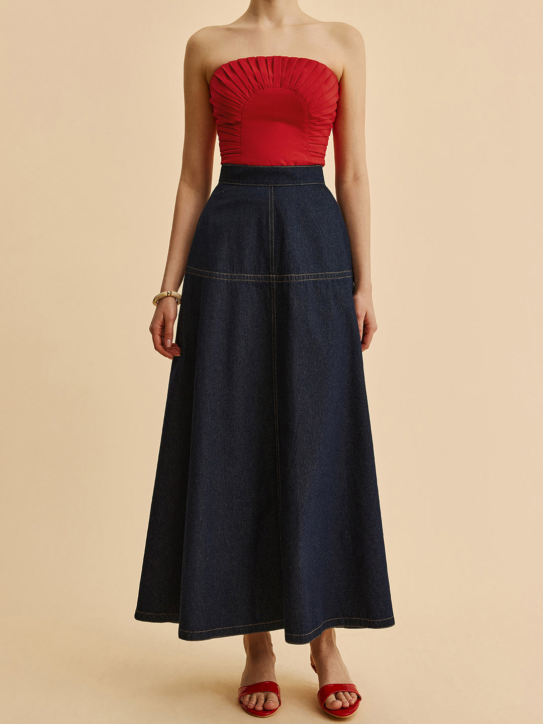 Donkerblauwe Denim Maxi Rok – Hoge Taille & Klassieke Stiksels
