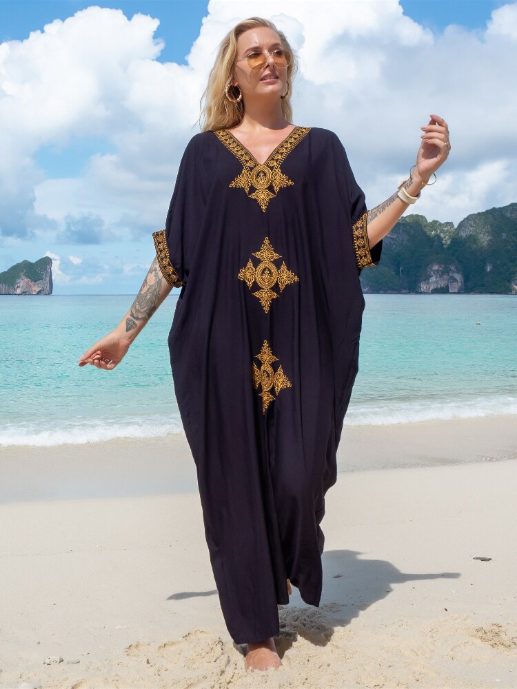Boho strandjurk met borduursel – luchtige kaftanjurk dames