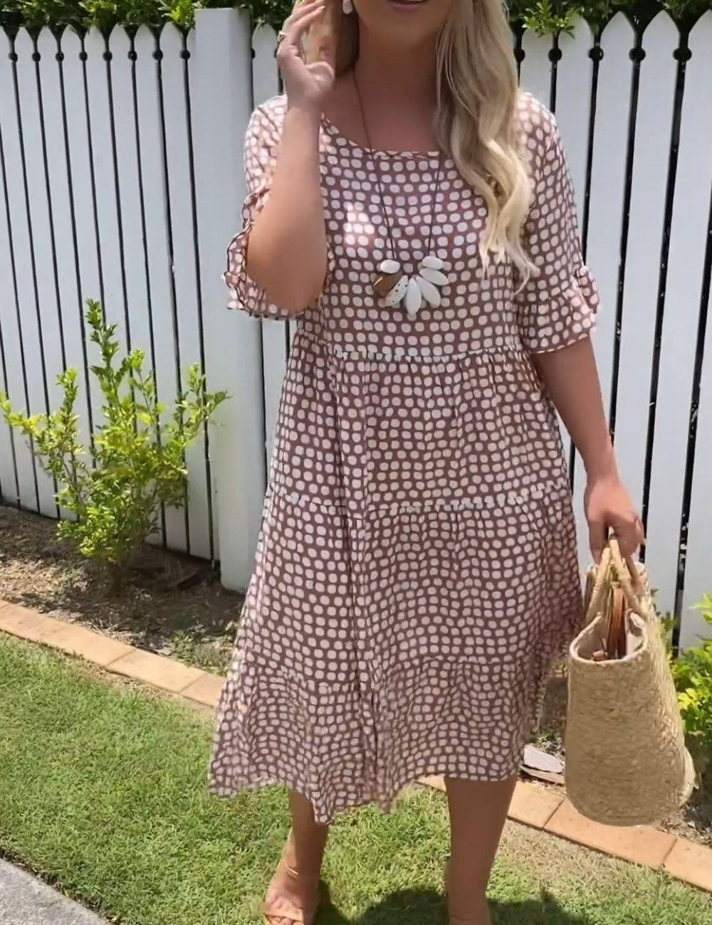 Khaki Midi Jurk Dames – Zomerjurk met Korte Mouwen en Ronde Hals