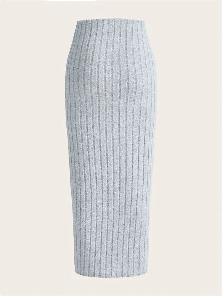 Ribgebreide Midi Kokerrok met Hoge Taille voor Dames