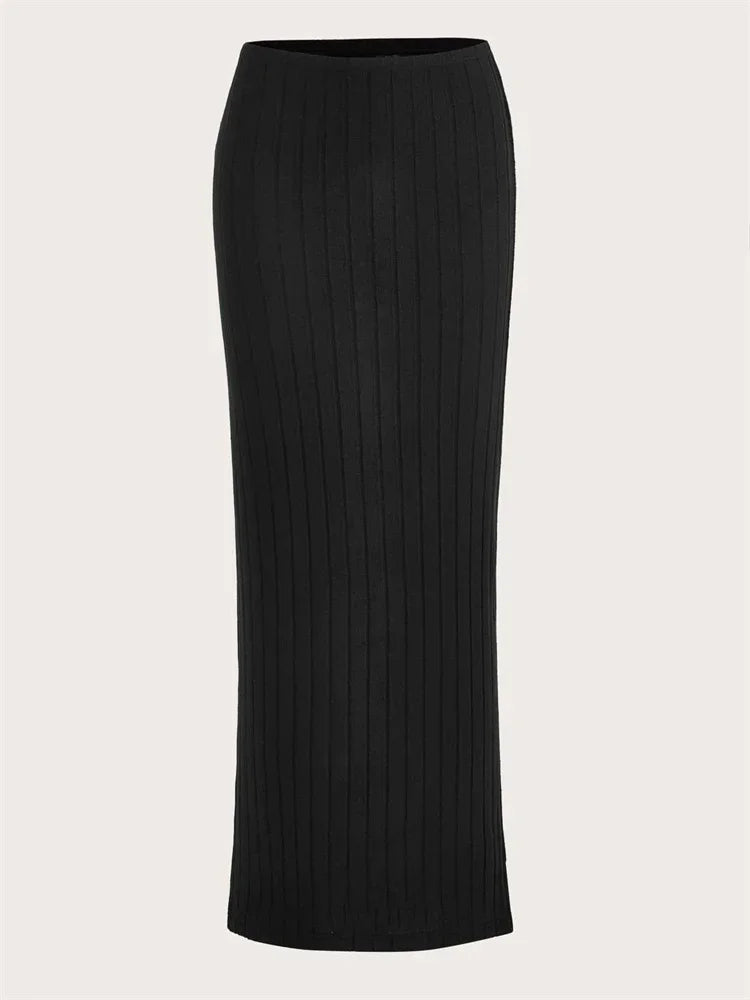 Ribgebreide Midi Kokerrok met Hoge Taille voor Dames