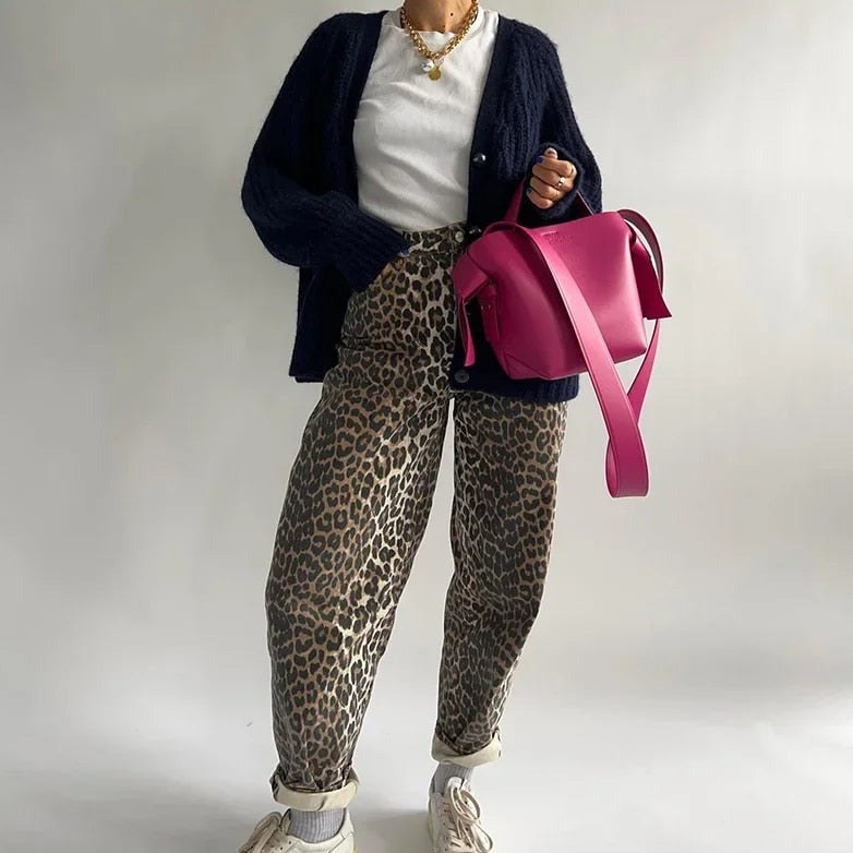 Dames Jeans met Luipaardprint – Hoge Taille en Elastische Band