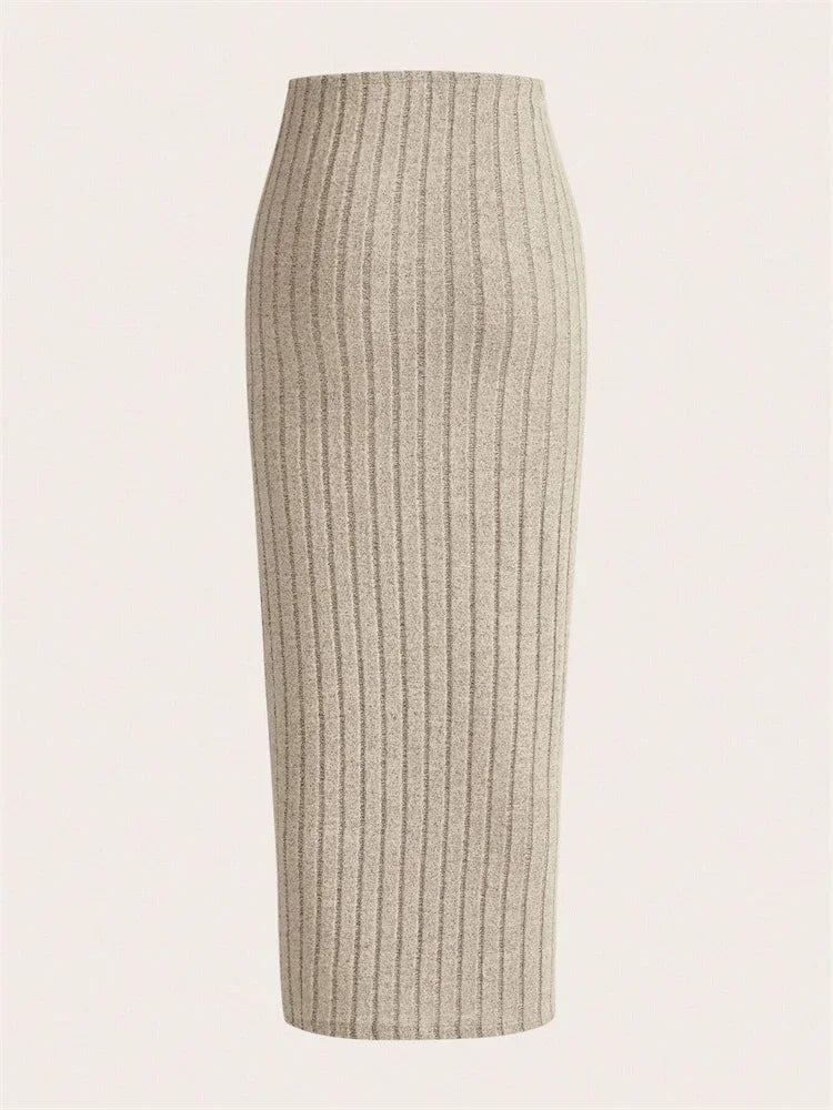 Ribgebreide Midi Kokerrok met Hoge Taille voor Dames
