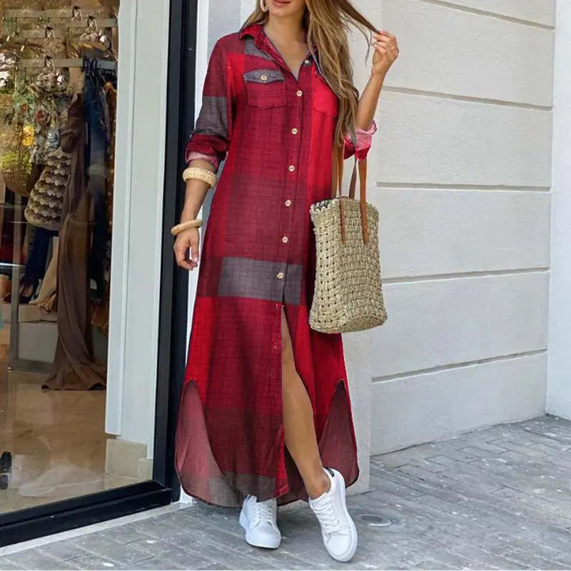 Denimlook Maxi Jurk met Knoopsluiting en Lange Mouwen