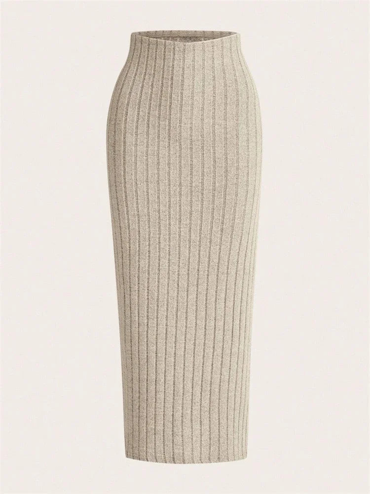 Ribgebreide Midi Kokerrok met Hoge Taille voor Dames