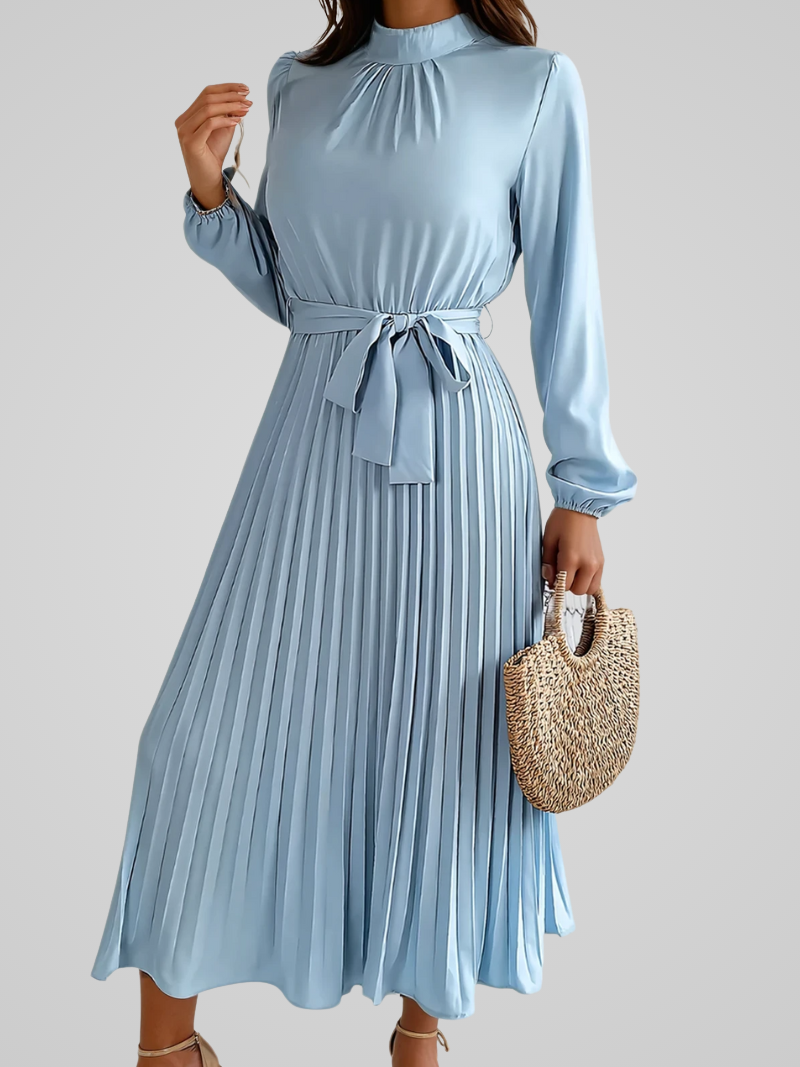 Elegante dames maxi jurk met opstaande kraag en geplooide rok