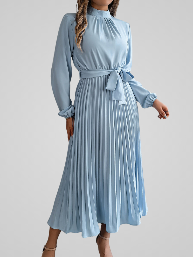 Elegante dames maxi jurk met opstaande kraag en geplooide rok