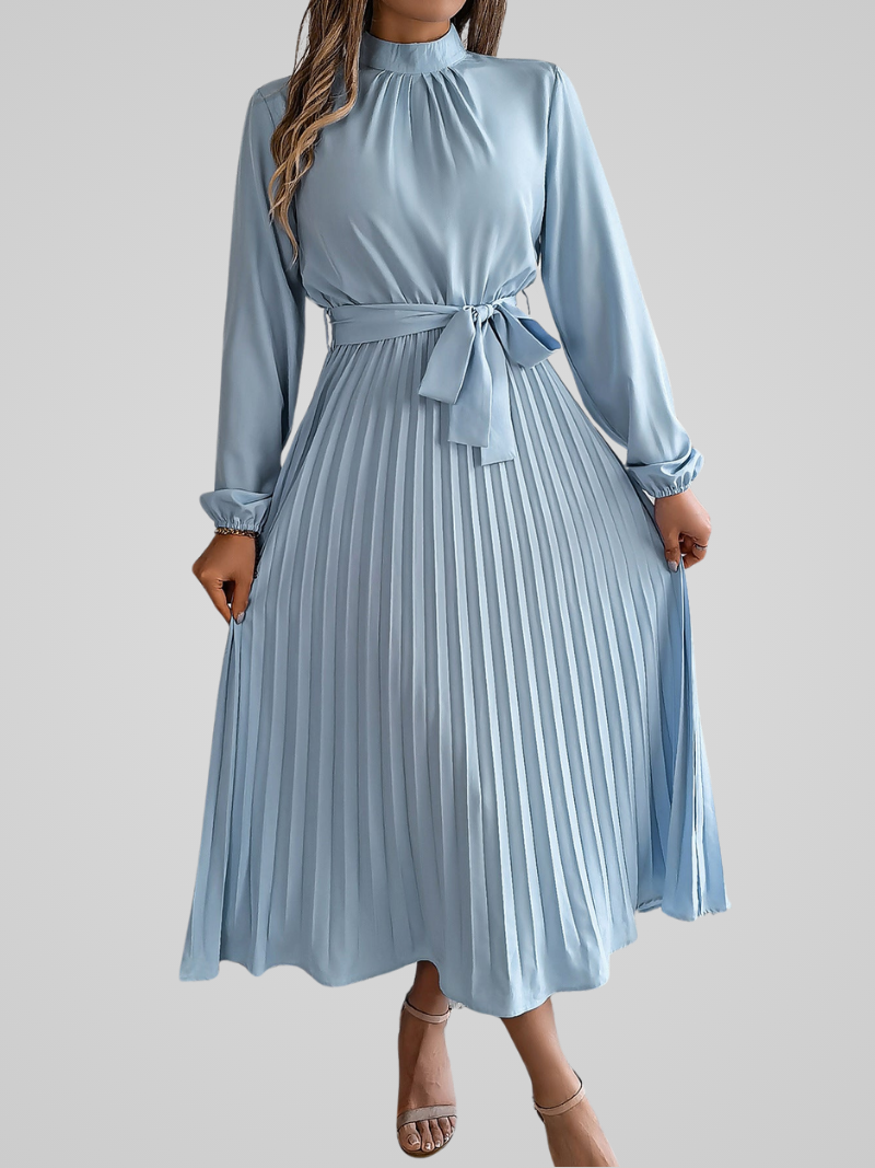 Elegante dames maxi jurk met opstaande kraag en geplooide rok