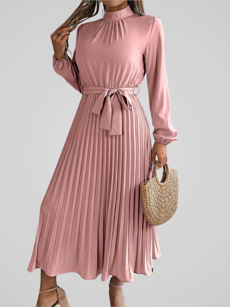 Elegante dames maxi jurk met opstaande kraag en geplooide rok