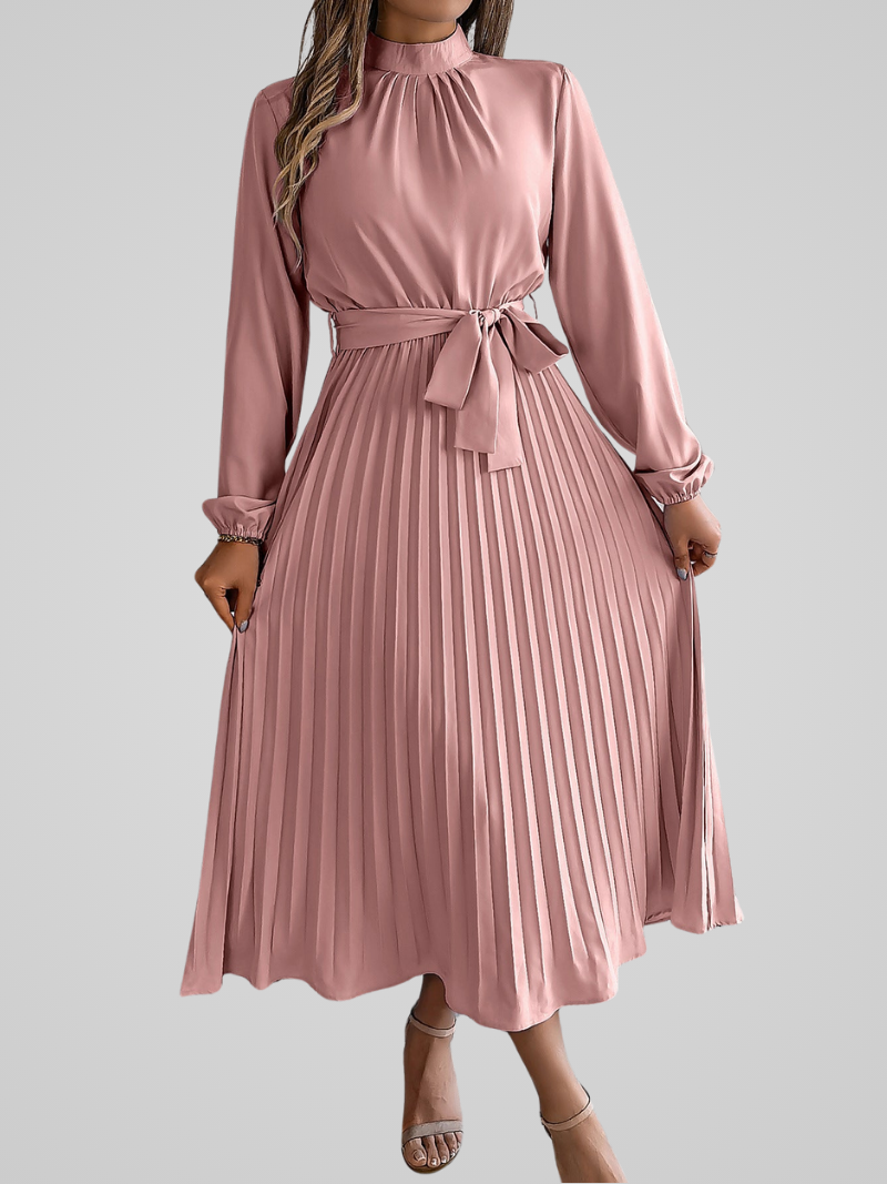 Elegante dames maxi jurk met opstaande kraag en geplooide rok