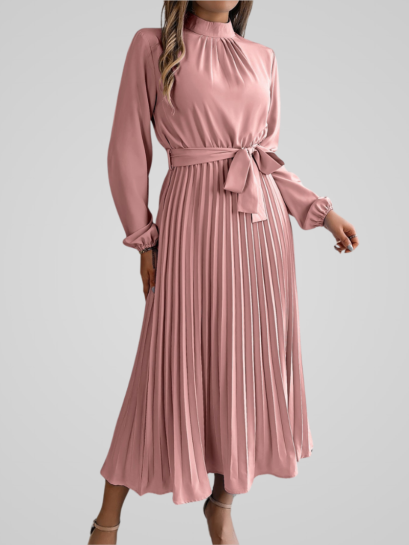 Elegante dames maxi jurk met opstaande kraag en geplooide rok