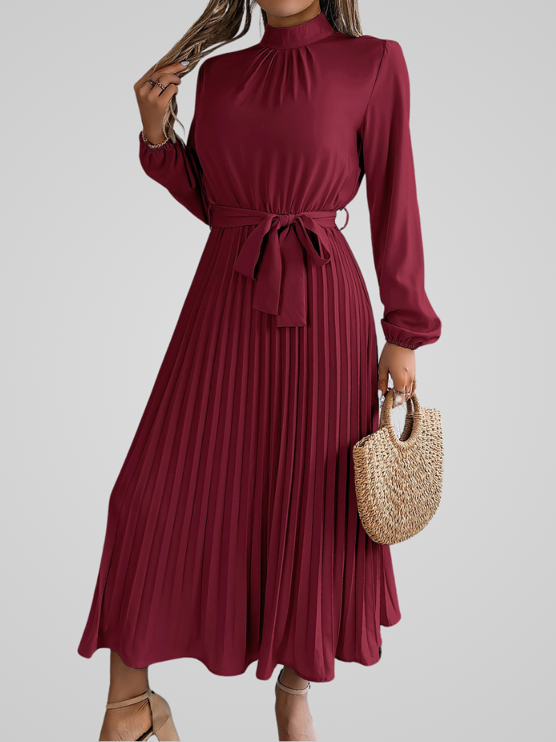 Elegante dames maxi jurk met opstaande kraag en geplooide rok