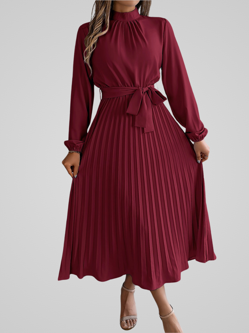 Elegante dames maxi jurk met opstaande kraag en geplooide rok