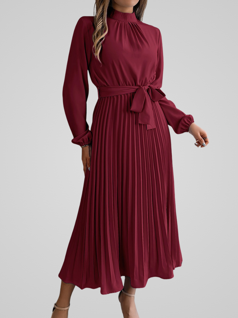 Elegante dames maxi jurk met opstaande kraag en geplooide rok