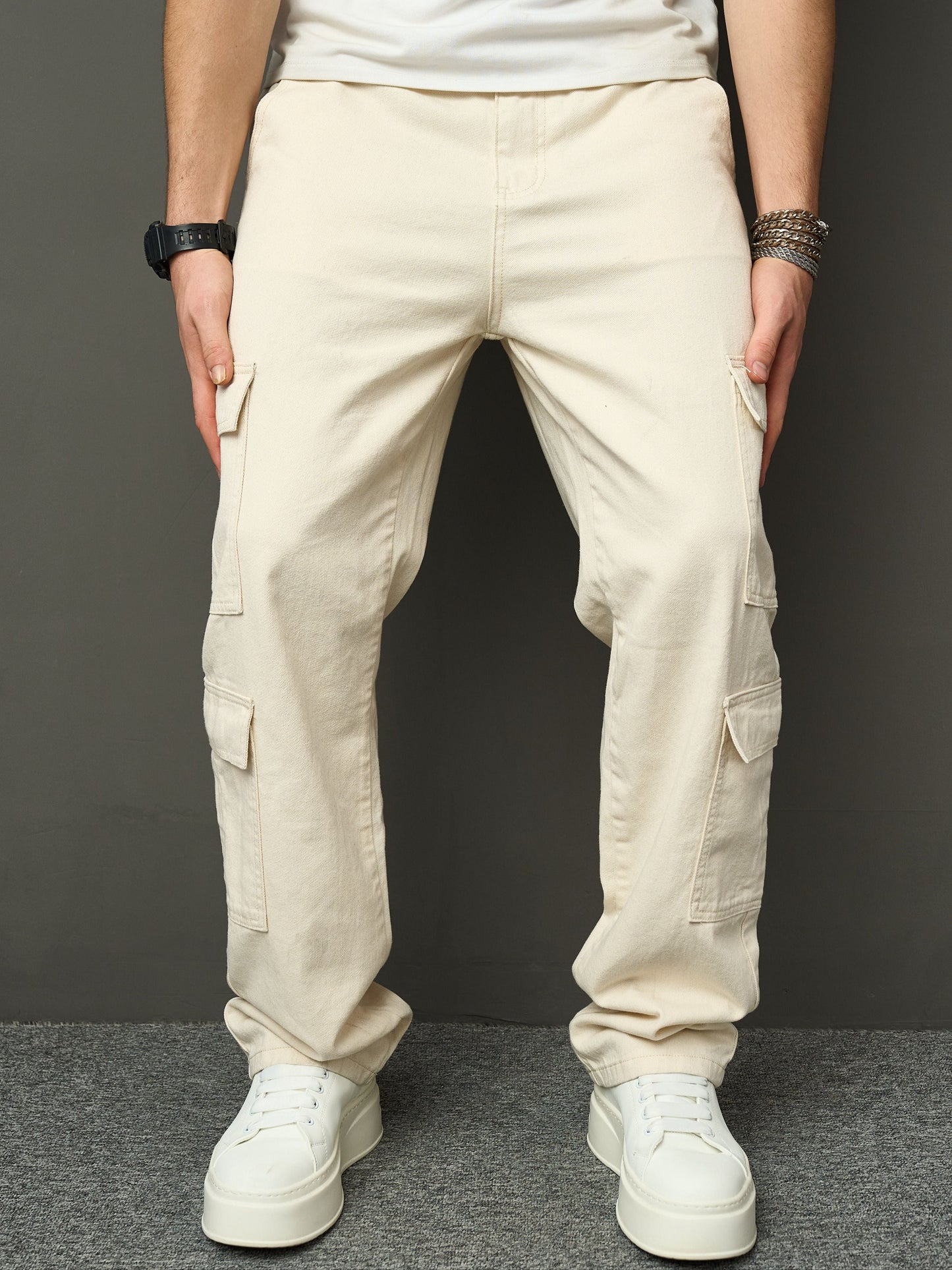 Heren Denim jeans met losse pasvorm en cargozakken