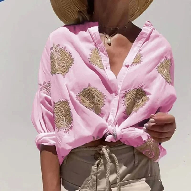 Zomerse Geborduurde Blouse met Knoopdetail