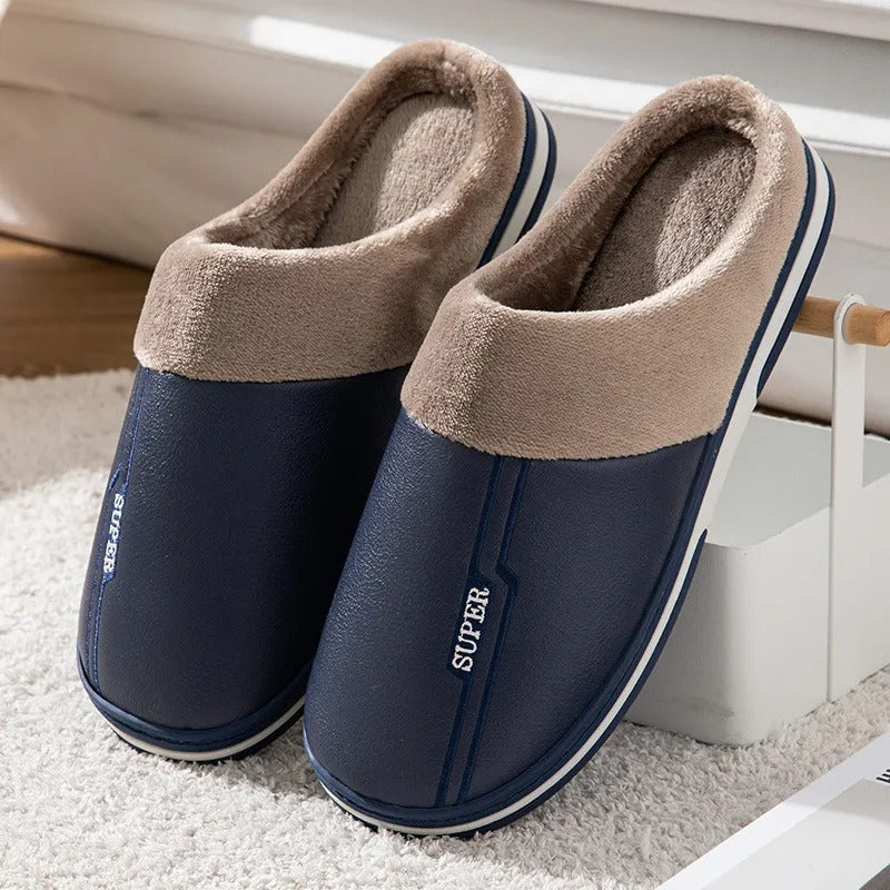 Blauwe heren pantoffels met dikke zool en warme voering