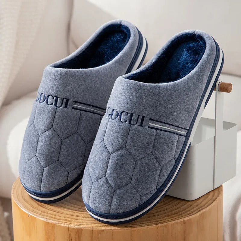 Blauwe heren pantoffels met dikke zool en warme voering