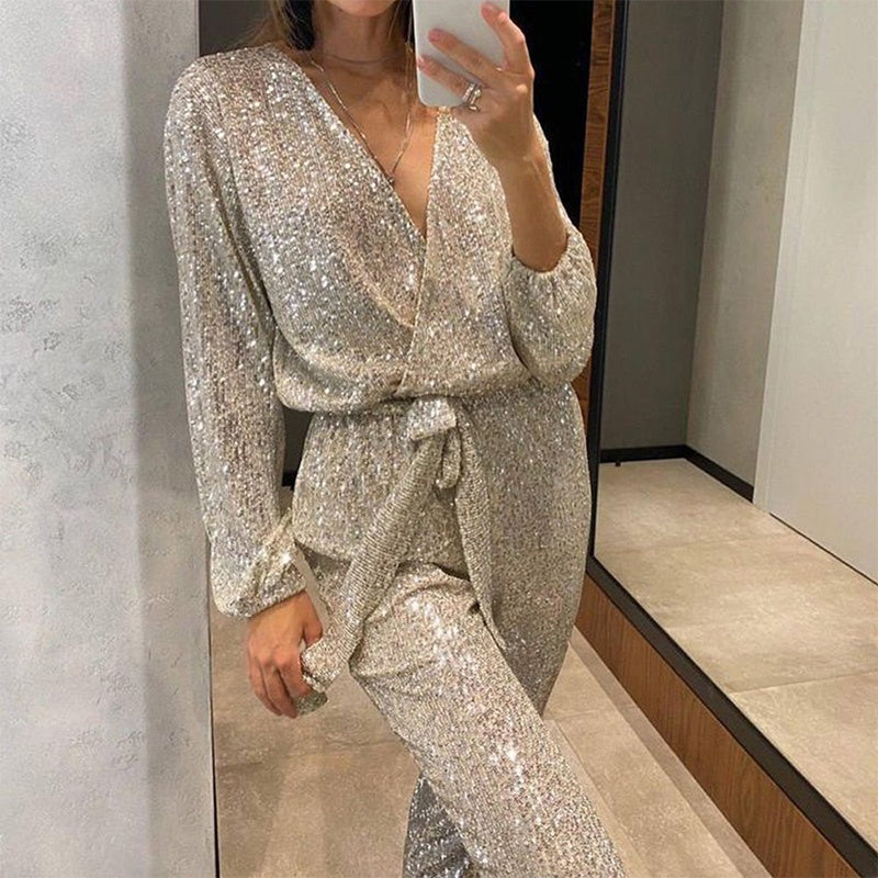 Glamour Jumpsuit met Glitterstof en Tailleriem