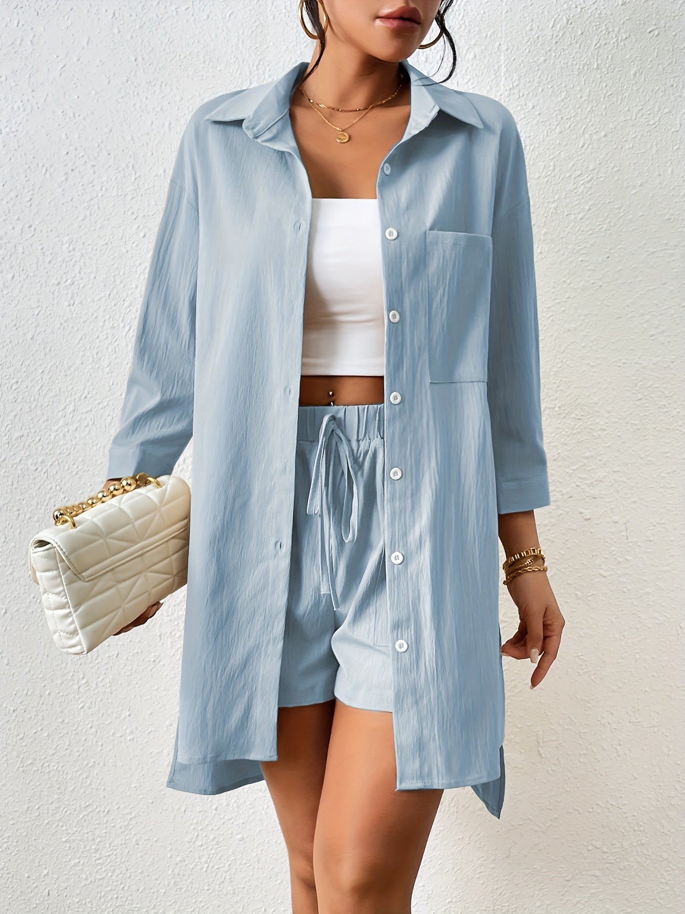 weedelige dames set met overhemd en short
