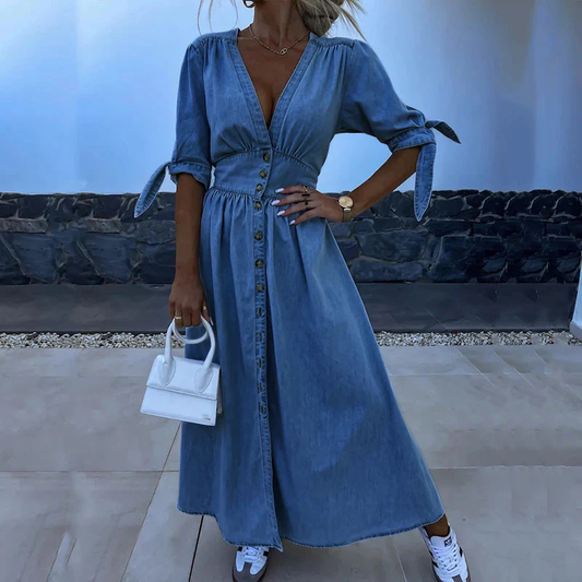Denim Jurk met Strikmouwen en Getailleerde Pasvorm