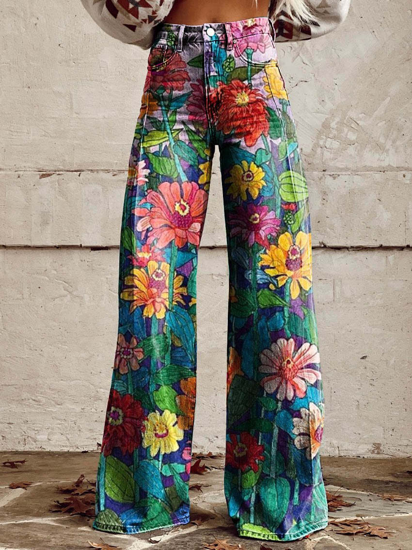 Zomerse Boho Damesbroek met Wijde Pijpen en Hoge Taille