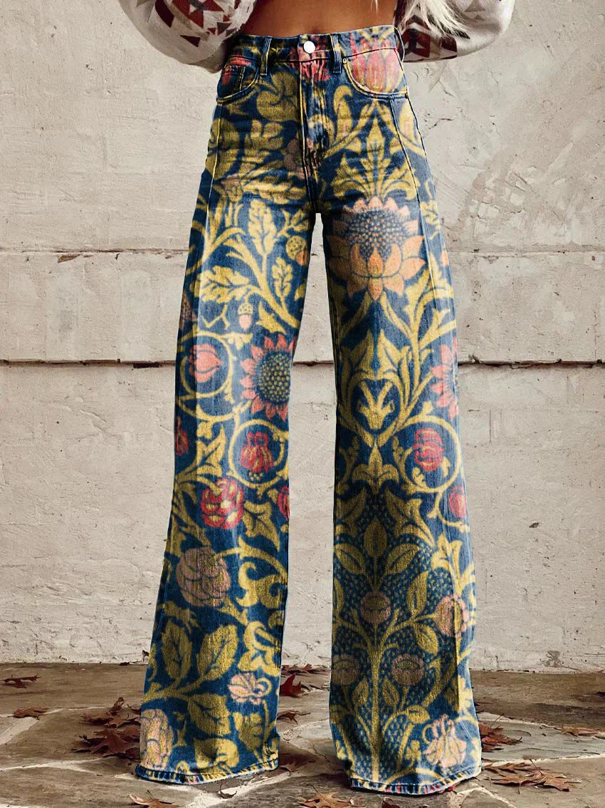 Zomerse Boho Damesbroek met Wijde Pijpen en Hoge Taille