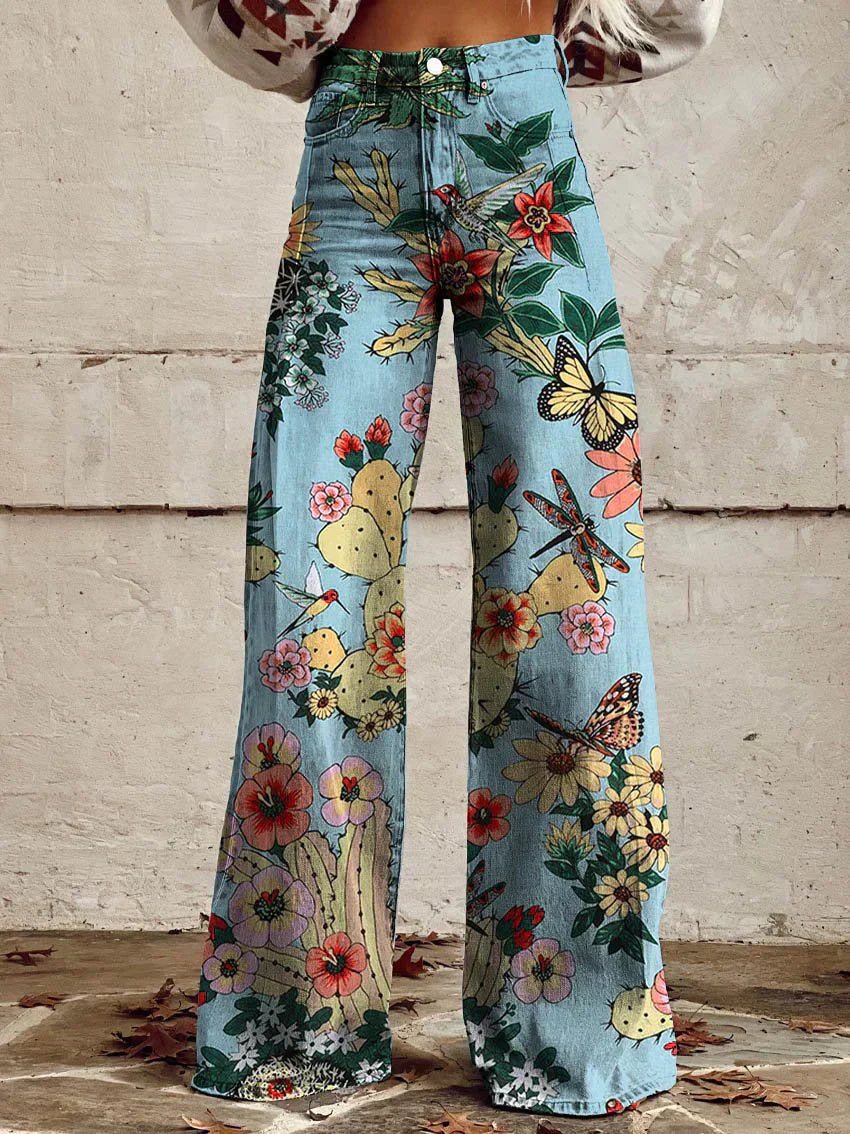 Zomerse Boho Damesbroek met Wijde Pijpen en Hoge Taille