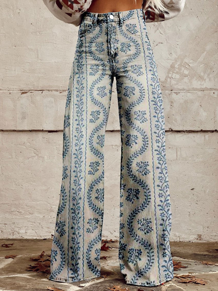 Zomerse Boho Damesbroek met Wijde Pijpen en Hoge Taille
