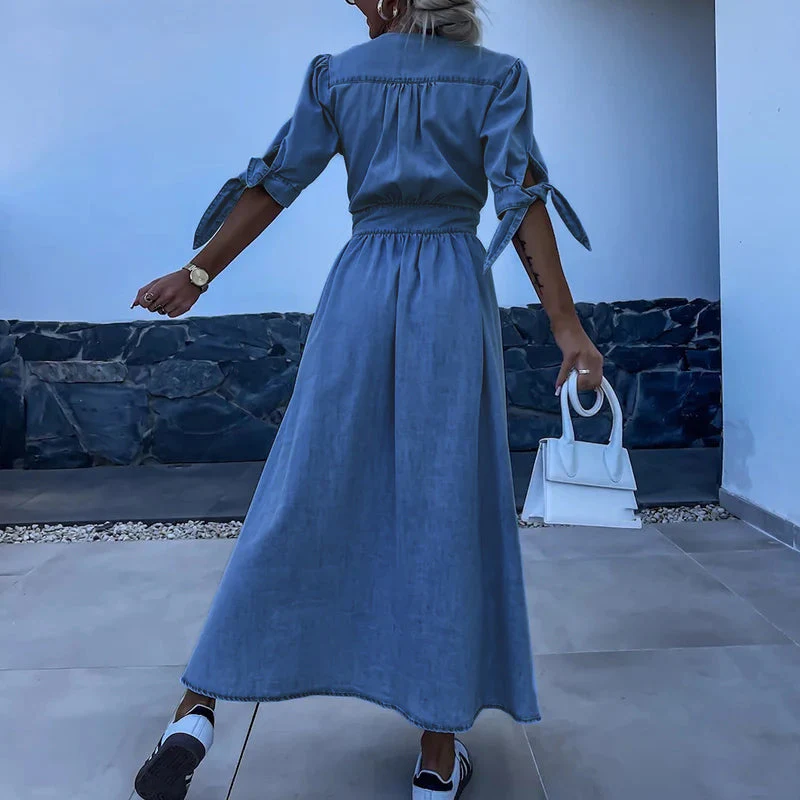 Denim Jurk met Strikmouwen en Getailleerde Pasvorm