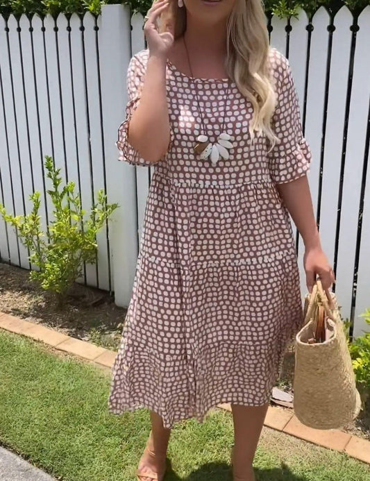 Khaki Midi Jurk Dames – Zomerjurk met Korte Mouwen en Ronde Hals