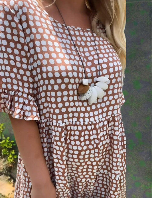 Khaki Midi Jurk Dames – Zomerjurk met Korte Mouwen en Ronde Hals