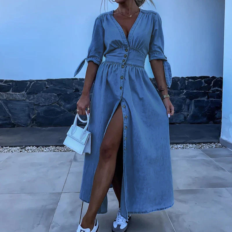 Denim Jurk met Strikmouwen en Getailleerde Pasvorm