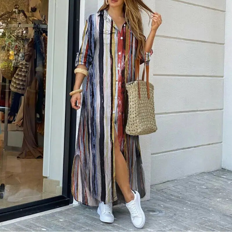 Denimlook Maxi Jurk met Knoopsluiting en Lange Mouwen