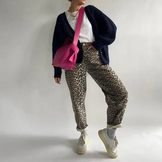 Dames Jeans met Luipaardprint – Hoge Taille en Elastische Band