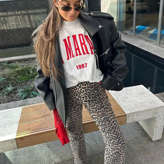 Dames Jeans met Luipaardprint – Hoge Taille en Elastische Band