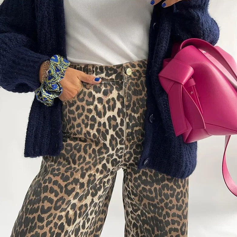 Dames Jeans met Luipaardprint – Hoge Taille en Elastische Band