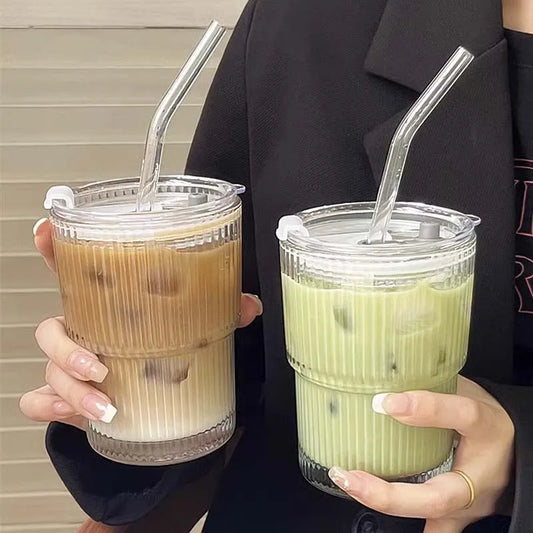Glazen Matcha Beker met Deksel en Rietje – 450ML, Hittebestendig & Lekvrij