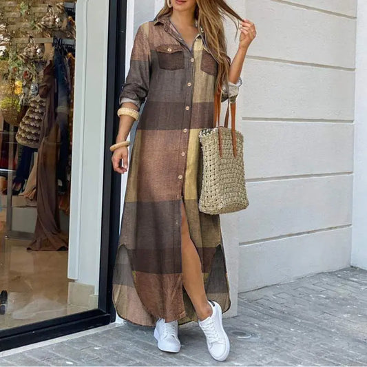 Denimlook Maxi Jurk met Knoopsluiting en Lange Mouwen