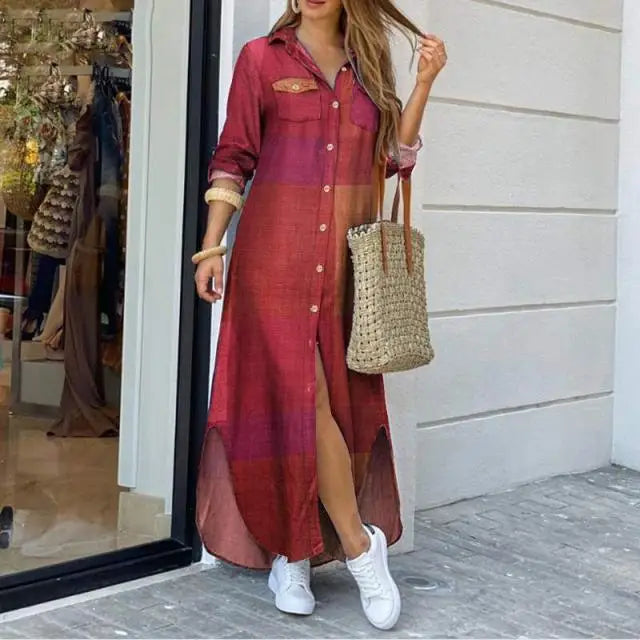 Denimlook Maxi Jurk met Knoopsluiting en Lange Mouwen