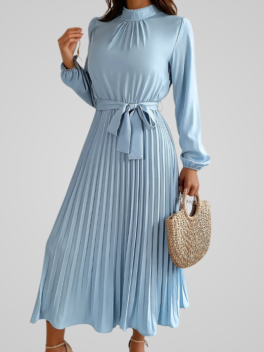 Elegante dames maxi jurk met opstaande kraag en geplooide rok