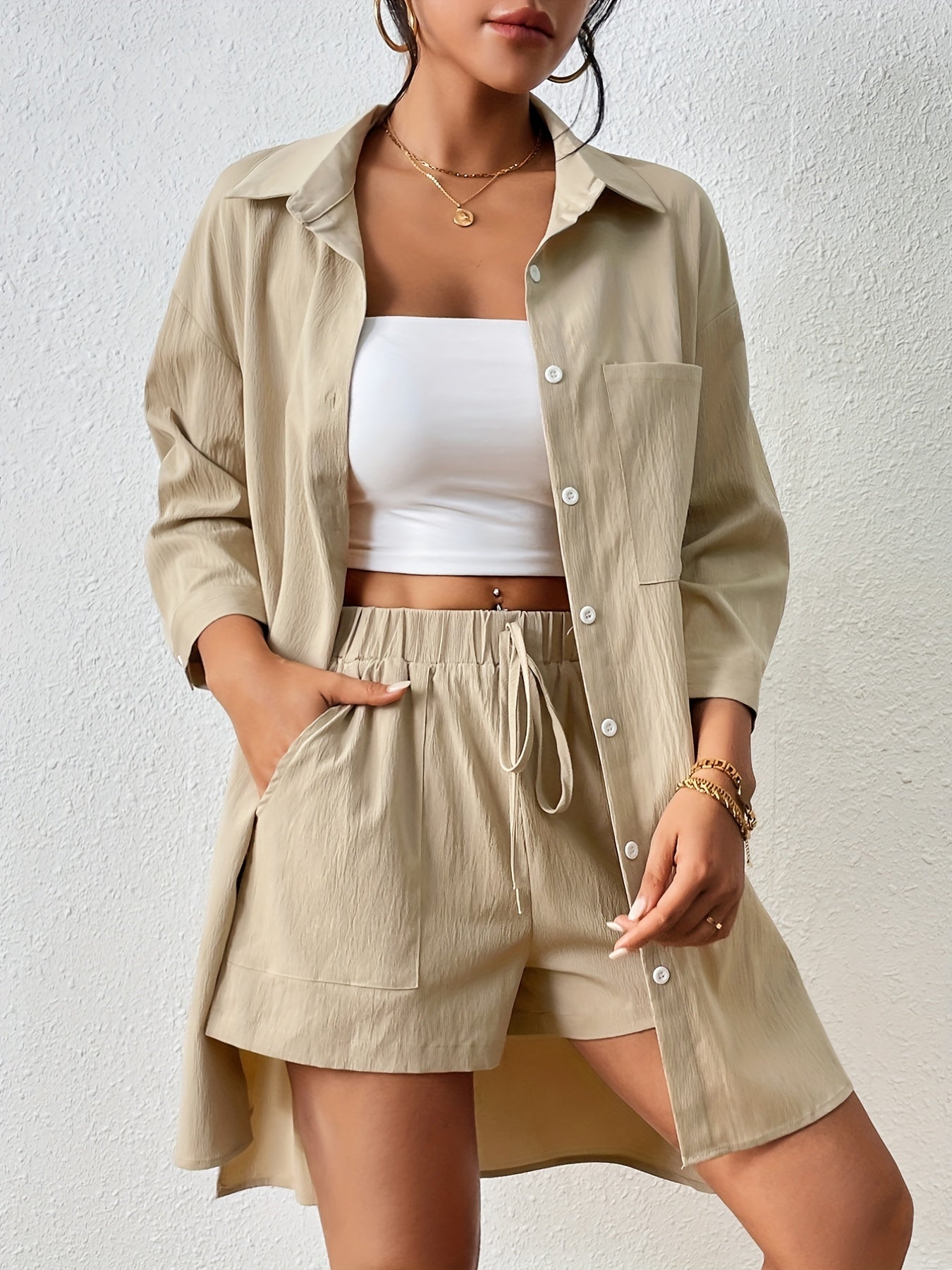 weedelige dames set met overhemd en short