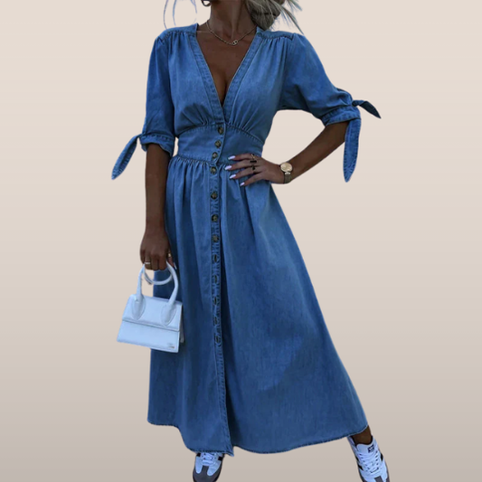 Denim Jurk met Strikmouwen en Getailleerde Pasvorm