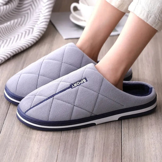 Blauwe heren pantoffels met dikke zool en warme voering